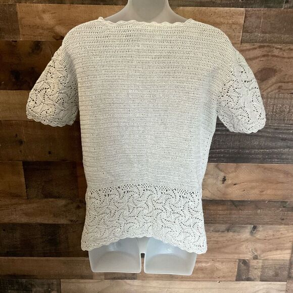 Signature Expressions Top Tan Ivory Crochet Short Sleeve Blouse Size Small - Picture 9 of 10